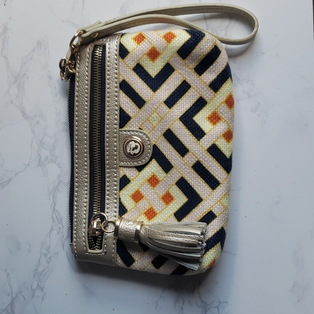 Spartina 449 natural linen wristlet/minature clutch bag with a puffy zip…